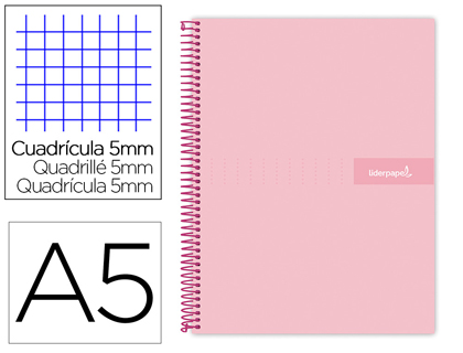 [BJ75] CUADERNO ESPIRAL LIDERPAPEL A5 MICRO CRAFTY TAPA FORRADA 120H 90 GR CUADRO 5MM 5 BANDAS6 TALADROS COLOR ROSA