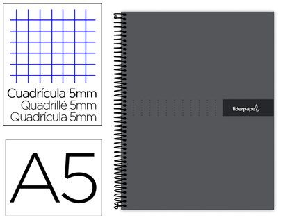 [BJ74] CUADERNO ESPIRAL LIDERPAPEL A5 MICRO CRAFTY TAPA FORRADA 120H 90 GR CUADRO 5MM 5 BANDAS6 TALADROS COLOR NEGRO