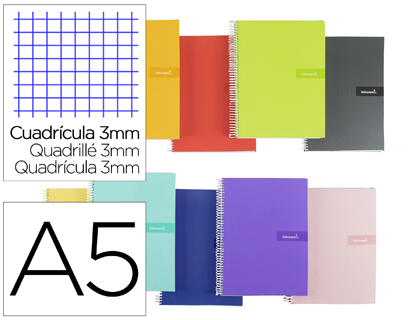 [BC32] CUADERNO ESPIRAL LIDERPAPEL A5 CRAFTY TAPA FORRADA 80H 90 GR CUADRO 3 MM CON MARGEN COLORES SURTIDOS