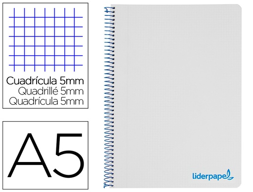[BJ69] CUADERNO ESPIRAL LIDERPAPEL A5 MICRO WONDER TAPA PLASTICO 120H 90G CUADRO 5MM 5 BANDAS 6 TALADROS COLOR GRIS