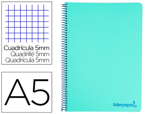 [BJ16] CUADERNO ESPIRAL LIDERPAPEL A5 MICRO WONDER TAPA PLASTICO 120H 90G CUADRO 5MM 5 BANDAS 6 TALADRO COLOR VERDE TURQUESA
