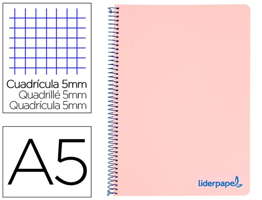 [BJ15] CUADERNO ESPIRAL LIDERPAPEL A5 MICRO WONDER TAPA PLASTICO 120H 90G CUADRO 5MM 5 BANDAS 6 TALADROS COLOR ROSA
