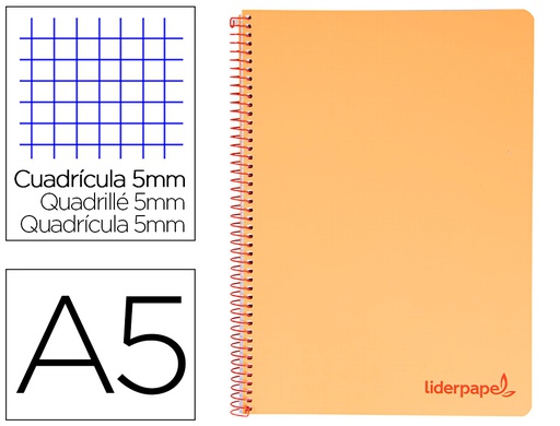 [BJ17] CUADERNO ESPIRAL LIDERPAPEL A5 MICRO WONDER TAPA PLASTICO 120H 90G CUADRO 5MM 5 BANDAS 6 TALADROS COLOR NARANJA