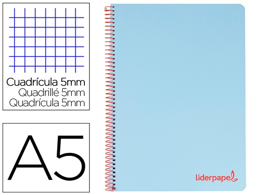 [BJ14] CUADERNO ESPIRAL LIDERPAPEL A5 MICRO WONDER TAPA PLASTICO 120H 90G CUADRO 5MM 5 BANDAS 6 TALADROS COLOR CELESTE