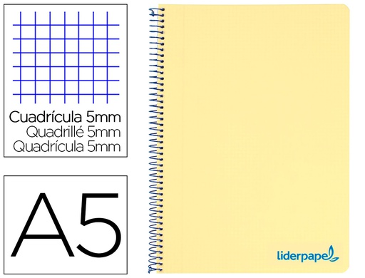 [BJ19] CUADERNO ESPIRAL LIDERPAPEL A5 MICRO WONDER TAPA PLASTICO 120H 90G CUADRO 5MM 5 BANDAS 6 TALADROS COLOR AMARILLO