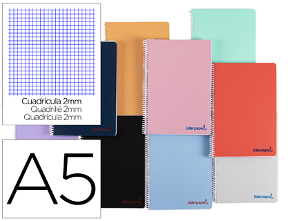 [TH49] CUADERNO ESPIRAL LIDERPAPEL A5 WONDER TAPA PLASTICO 80H 90G MILIMETRADO 2MM COLORES SURTIDOS
