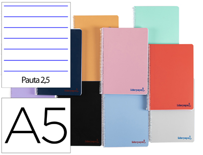 [TH43] CUADERNO ESPIRAL LIDERPAPEL A5 WONDER TAPA PLASTICO 80H 90G PAUTA ESTRECHA 2,5MM CON MARGEN COLORES SURTIDOS