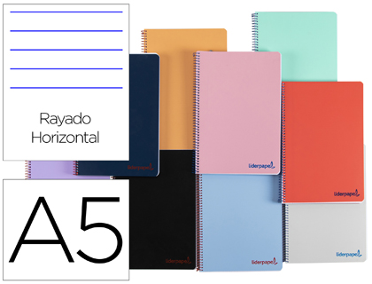 [TH37] CUADERNO ESPIRAL LIDERPAPEL A5 WONDER TAPA PLASTICO 80H 90G RAYADO HORIZONTAL CON MARGEN COLORES SURTIDOS
