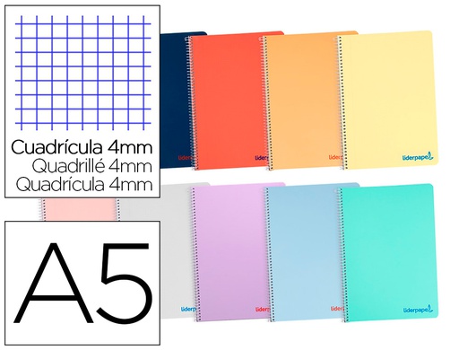 [BC19] CUADERNO ESPIRAL LIDERPAPEL A5 WONDER TAPA PLASTICO 80H 90G CUADRO 4MM CON MARGEN COLORES SURTIDOS