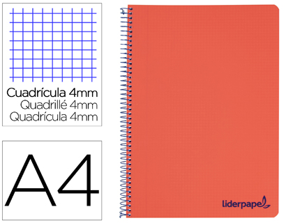 [TH65] CUADERNO ESPIRAL LIDERPAPEL A4 WONDER TAPA PLASTICO 80H 90GR CUADRO 4MM CON MARGEN COLOR ROJO