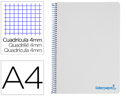 [TH64] CUADERNO ESPIRAL LIDERPAPEL A4 WONDER TAPA PLASTICO 80H 90GR CUADRO 4MM CON MARGEN COLOR GRIS
