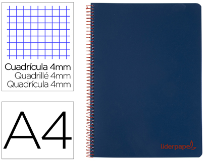 [TH63] CUADERNO ESPIRAL LIDERPAPEL A4 WONDER TAPA PLASTICO 80H 90GR CUADRO 4MM CON MARGEN COLOR AZUL MARINO