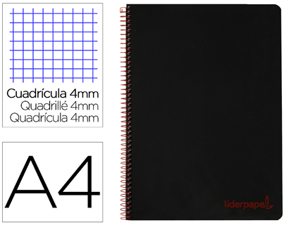 [TH62] CUADERNO ESPIRAL LIDERPAPEL A4 WONDER TAPA PLASTICO 80H 90GR CUADRO 4MM CON MARGEN COLOR NEGRO