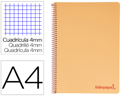 [TH05] CUADERNO ESPIRAL LIDERPAPEL A4 WONDER TAPA PLASTICO 80H 90GR CUADRO 4MM CON MARGEN COLOR NARANJA