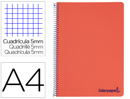 [BA88] CUADERNO ESPIRAL LIDERPAPEL A4 MICRO WONDER TAPA PLASTICO 120H 90 GR CUADRO 5 MM 5 BANDAS 4 TALADROS COLOR ROJO