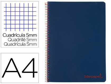 [BA86] CUADERNO ESPIRAL LIDERPAPEL A4 MICRO WONDER TAPA PLASTICO 120H 90 GR CUADRO 5 MM 5 BANDA4 TALADROS COLOR AZUL MARINO