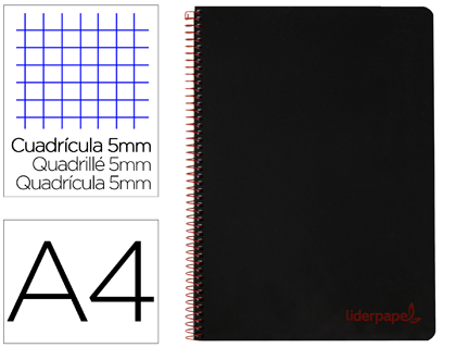 [BA85] CUADERNO ESPIRAL LIDERPAPEL A4 MICRO WONDER TAPA PLASTICO 120H 90 GR CUADRO 5 MM 5 BANDAS 4 TALADROS COLOR NEGRO