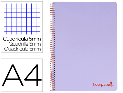 [BA19] CUADERNO ESPIRAL LIDERPAPEL A4 MICRO WONDER TAPA PLASTICO 120H 90 GR CUADRO 5 MM 5 BANDA4 TALADROS COLOR LILA
