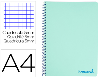 [BA17] CUADERNO ESPIRAL LIDERPAPEL A4 MICRO WONDER TAPA PLASTICO 120H 90 GR CUADRO 5 MM 5 BANDA4 TALADRO COLOR VERDE TURQUESA