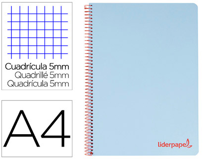 [BA15] CUADERNO ESPIRAL LIDERPAPEL A4 MICRO WONDER TAPA PLASTICO 120H 90 GR CUADRO 5 MM 5 BANDA4 TALADROS COLOR CELESTE