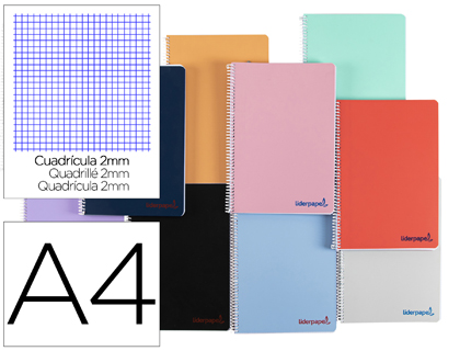 [BF30] CUADERNO ESPIRAL LIDERPAPEL A4 WONDER TAPA PLASTICO 80H 90GR MILIMETRADO 2MM CON MARGEN COLORES SURTIDOS