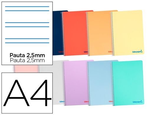 [BF29] CUADERNO ESPIRAL LIDERPAPEL A4 WONDER TAPA PLASTICO 80H 90GR PAUTA ESTRECHA 2,5MM CON MARGEN COLORES SURTIDOS