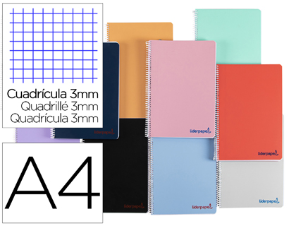 [BF26] CUADERNO ESPIRAL LIDERPAPEL A4 WONDER TAPA PLASTICO 80H 90GR CUADRO 3MM CON MARGEN COLORES SURTIDOS