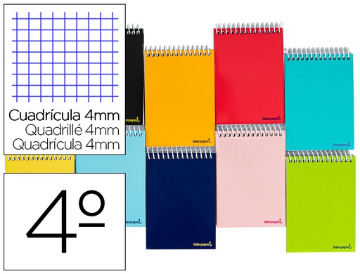 [BC43] CUADERNO ESPIRAL LIDERPAPEL CUARTO APAISADO SMART TAPA BLANDA 80H 60GR CUADRO 4MM CONMARGEN COLORES SURTIDOS