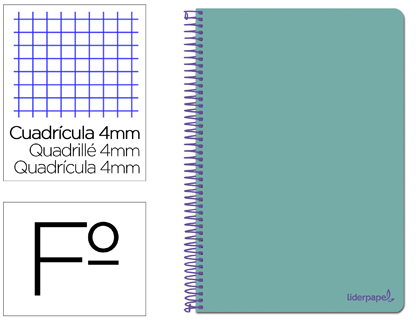 [BF98] CUADERNO ESPIRAL LIDERPAPEL FOLIO SMART TAPA BLANDA 80H 60GR CUADRO 4MM CON MARGEN COLOR TURQUESA