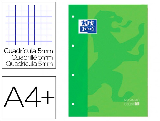 [400123674] RECAMBIO COLOR 1 OXFORD DIN A4+ 80 HOJAS 90 GR CUADRO 5 MM 4 TALADROS COLOR VERDE MANZANA