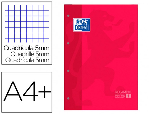 [400123673] RECAMBIO COLOR 1 OXFORD DIN A4+ 80 HOJAS 90 GR CUADRO 5 MM 4 TALADROS COLOR ROJO