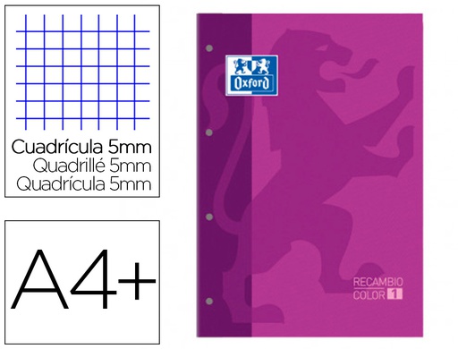 [400123682] RECAMBIO COLOR 1 OXFORD DIN A4+ 80 HOJAS 90 GR CUADRO 5 MM 4 TALADROS COLOR MORADO