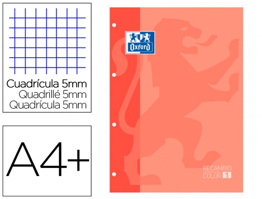 [400121584] RECAMBIO COLOR 1 OXFORD DIN A4+ 80 HOJAS 90 GR CUADRO 5 MM 4 TALADROS COLOR MELOCOTON