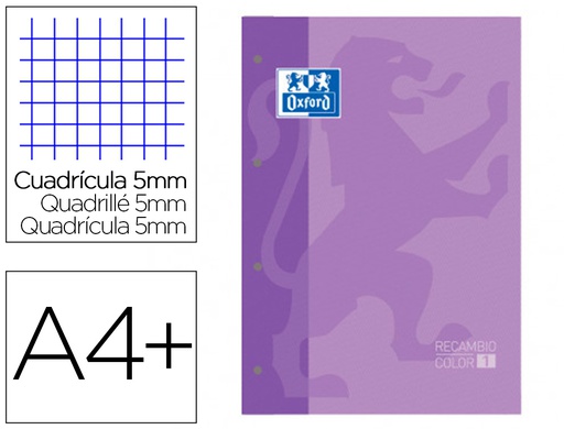 [400123676] RECAMBIO COLOR 1 OXFORD DIN A4+ 80 HOJAS 90 GR CUADRO 5 MM 4 TALADROS COLOR MALVA