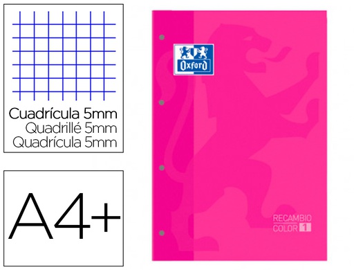 [400123677] RECAMBIO COLOR 1 OXFORD DIN A4+ 80 HOJAS 90 GR CUADRO 5 MM 4 TALADROS COLOR FUCSIA