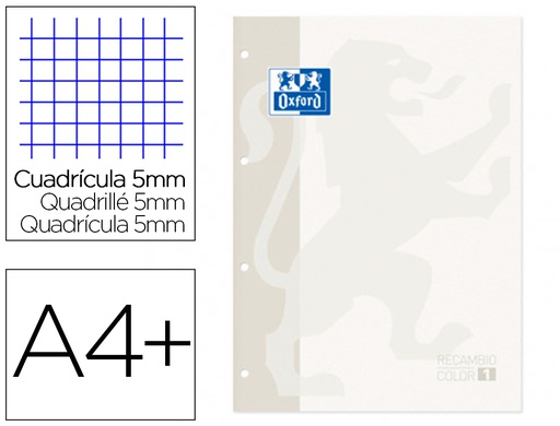 [400121559] RECAMBIO COLOR 1 OXFORD DIN A4+ 80 HOJAS 90 GR CUADRO 5 MM 4 TALADROS COLOR BLANCO