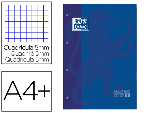 [400123672] RECAMBIO COLOR 1 OXFORD DIN A4+ 80 HOJAS 90 GR CUADRO 5 MM 4 TALADROS COLOR AZUL OSCURO