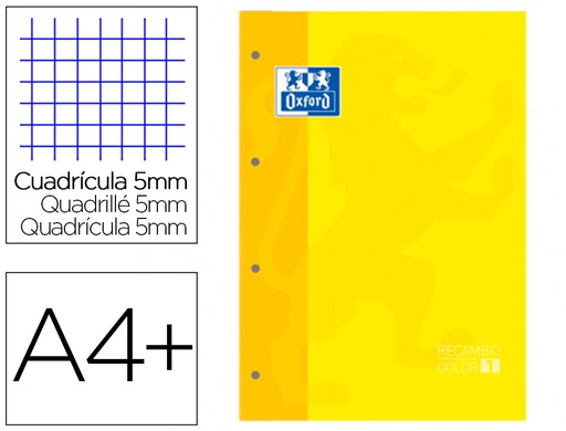 [400123675] RECAMBIO COLOR 1 OXFORD DIN A4+ 80 HOJAS 90 GR CUADRO 5 MM 4 TALADROS COLOR AMARILLO