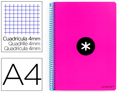 [KB15] CUADERNO ESPIRAL A4 ANTARTIK TAPA DURA 80H 90GR CUADRO 4MM CON MARGEN COLOR ROSA FLUOR
