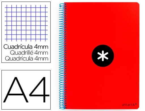 [KB14] CUADERNO ESPIRAL A4 ANTARTIK TAPA DURA 80H 90GR CUADRO 4MM CON MARGEN COLOR ROJO