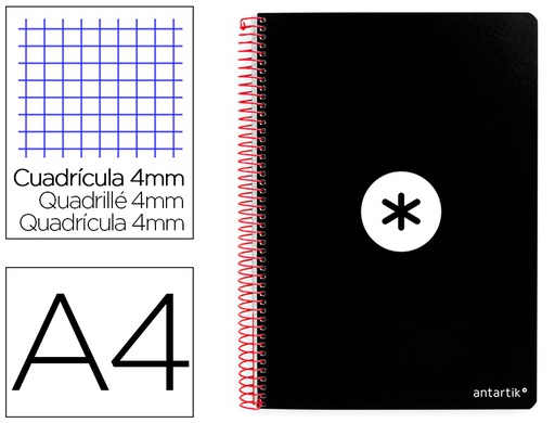 [KB13] CUADERNO ESPIRAL A4 ANTARTIK TAPA DURA 80H 90GR CUADRO 4MM CON MARGEN COLOR NEGRO