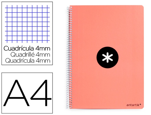 [KB09] CUADERNO ESPIRAL A4 ANTARTIK TAPA DURA 80H 90GR CUADRO 4MM CON MARGEN COLOR CORAL