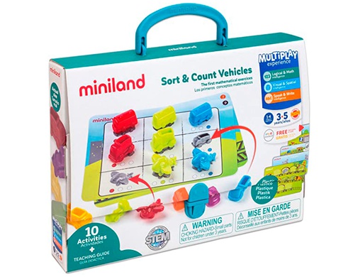 [45340] JUEGO MINILAND 36 VEHICULOS Y 5 FICHAS DE ACTIVIDAD A DOBLE CARA PARA LOGICA MATEMATICA 310X70X531 MM