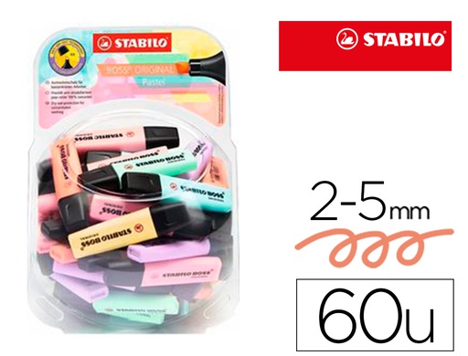 [70/60-04] ROTULADOR STABILO BOSS FLUORESCENTE 70 PASTEL EXPOSITOR BOMBONERA DE 60 UNIDADES COLORES SURTIDOS
