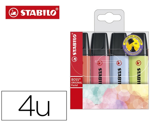 [70/4-3] ROTULADOR STABILO BOSS FLUORESCENTE 70 PASTEL ESTUCHE DE 4 UNIDADES COLORES SURTIDOS