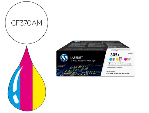 [CF370AM] TONER HP 305A LASERJET PRO 300 / M351 / 400 / M451 / MFP M375 / MFP M475 PACK COLOR AMARILLO CIAN MAGENTA 2600