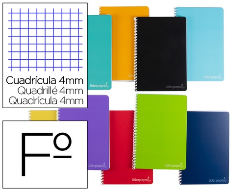 [BJ83] CUADERNO ESPIRAL LIDERPAPEL FOLIO WITTY TAPA DURA 140H 75GR CUADRO 4MM CON MARGEN COLORES SURTIDOS