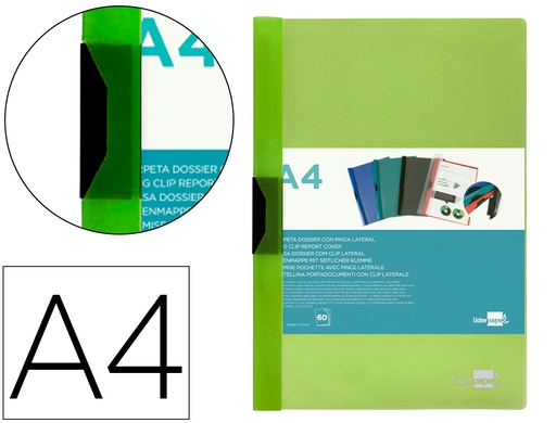 [DP29] CARPETA LIDERPAPEL DOSSIER PINZA LATERAL POLIPROPILENO DIN A4 VERDE TRANSLUCIDO 60 HOJAS PINZA DESLIZANTE