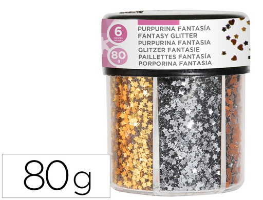 [NT01] PURPURINA FANTASIA LIDERPAPEL CORAZON Y ESTRELLA COLOR ORO Y PLATA BOTE DE 80GR