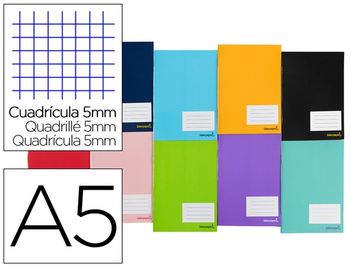 [LA28] LIBRETA LIDERPAPEL SMART A5 TAPA BLANDA 80 HOJAS 60 G/M2 CUADRO 5 MM CON MARGEN COLORES SURTIDOS